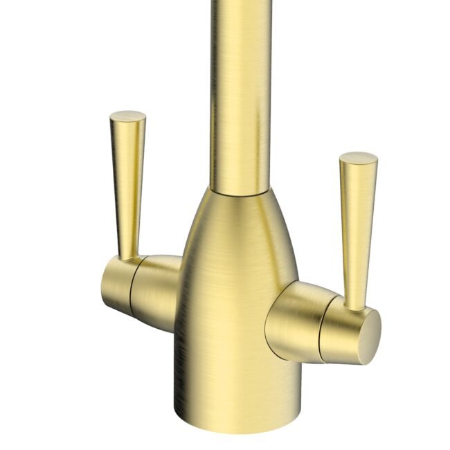 Brushed Brass Modern Kitchen Sink Swivel Mixer Tap Dual Lever - Image 2
