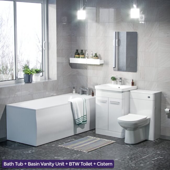 Afern 3-Piece High Gloss White Bathroom Suite 600mm Vanity. WC. BTW Toilet & Bath - Image 2