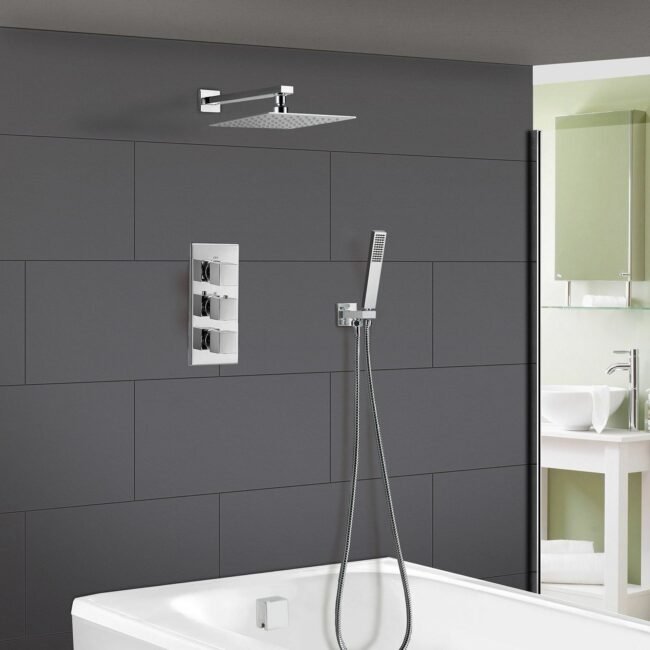 Olive 3 Way Square Concealed Thermostatic Hand Held Bath Shower 300 Slim Head - Image 2