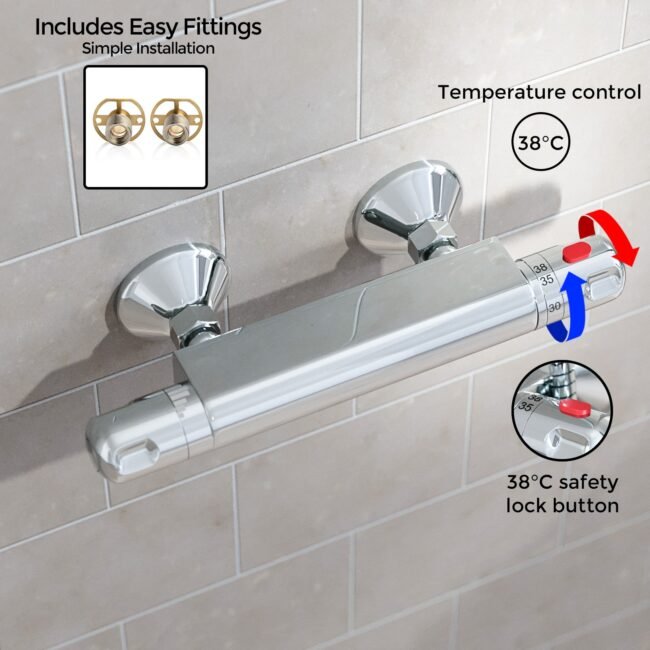 Exposed Shower Thermostatic Bar Mixer Valve Chrome - Image 3