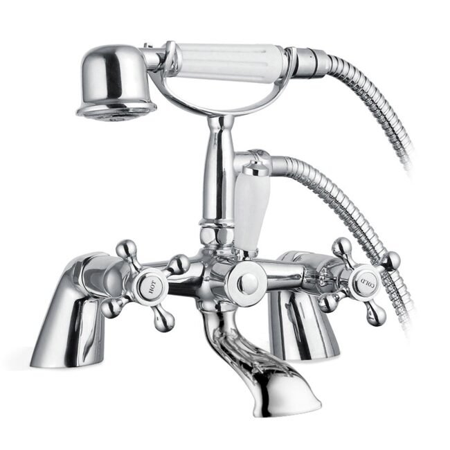 Stafford Victorian Set Of Hot & Cold Basin Taps And Bath Shower Mixer Tap With Handheld Kit - Image 3