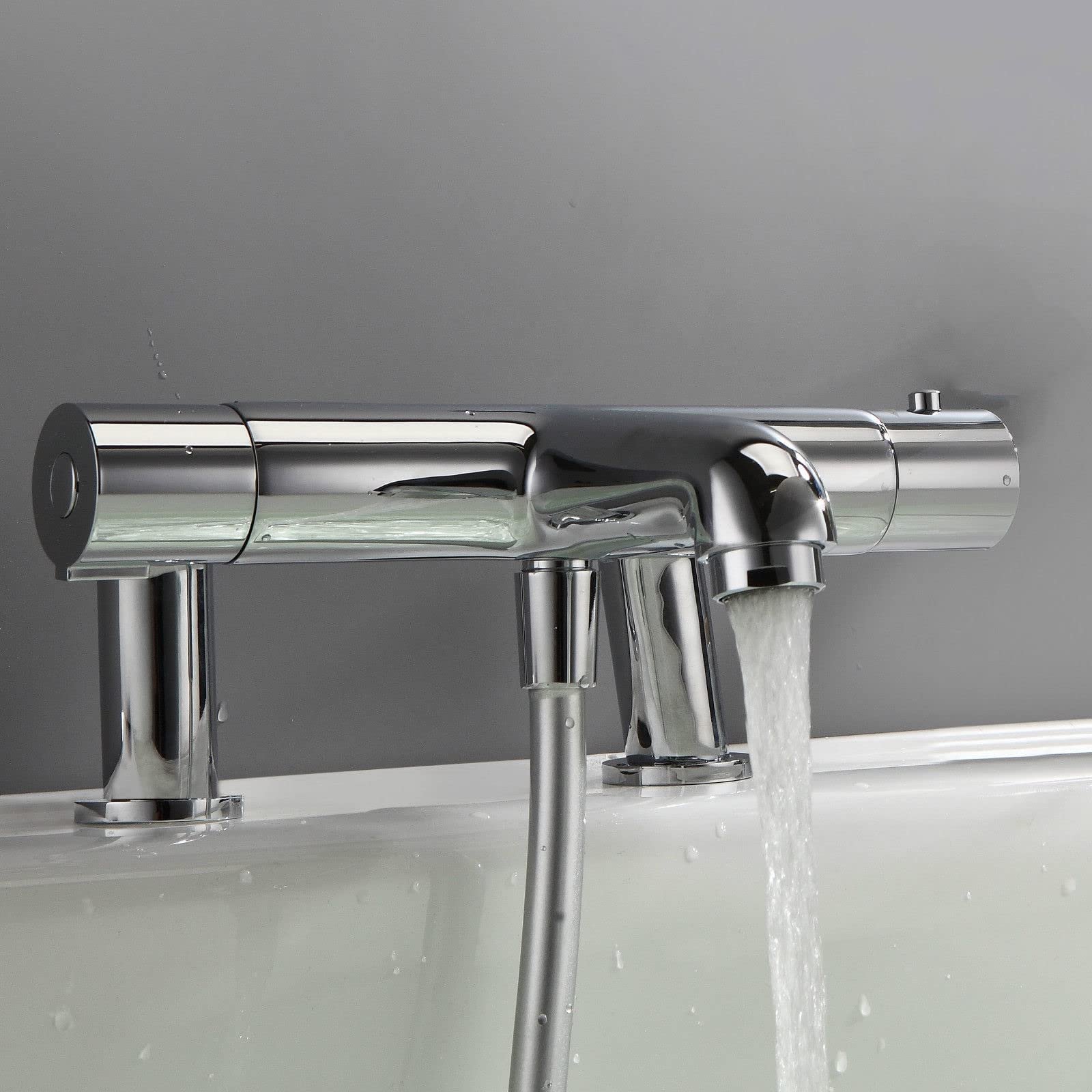Modern Thermostatic Bath Shower Mixer TAP Deck Pillar Chrome TAPS Set - Image 2