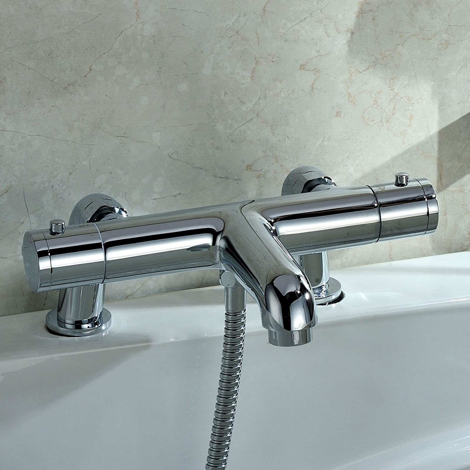 Modern Thermostatic Bath Shower Mixer TAP Deck Pillar Chrome TAPS Set - Image 3
