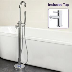 Modern Freestanding Chrome Bath Shower Mixer Tap With Shower Kit + Marc Basin Sink Mono Tap