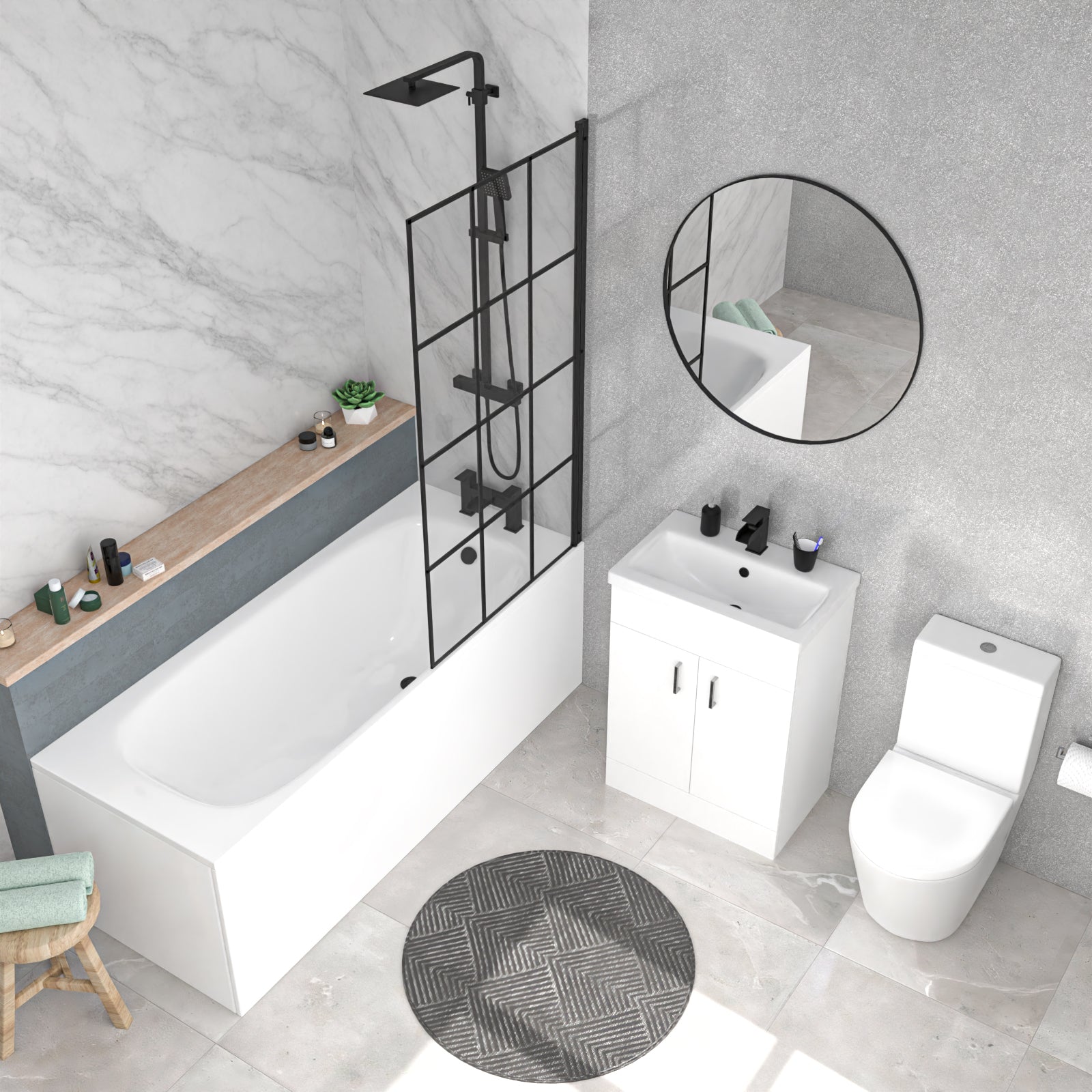 Round Toilet Vanity & Matt Black Shower Bath With Grid Bath Screen Set - Image 5