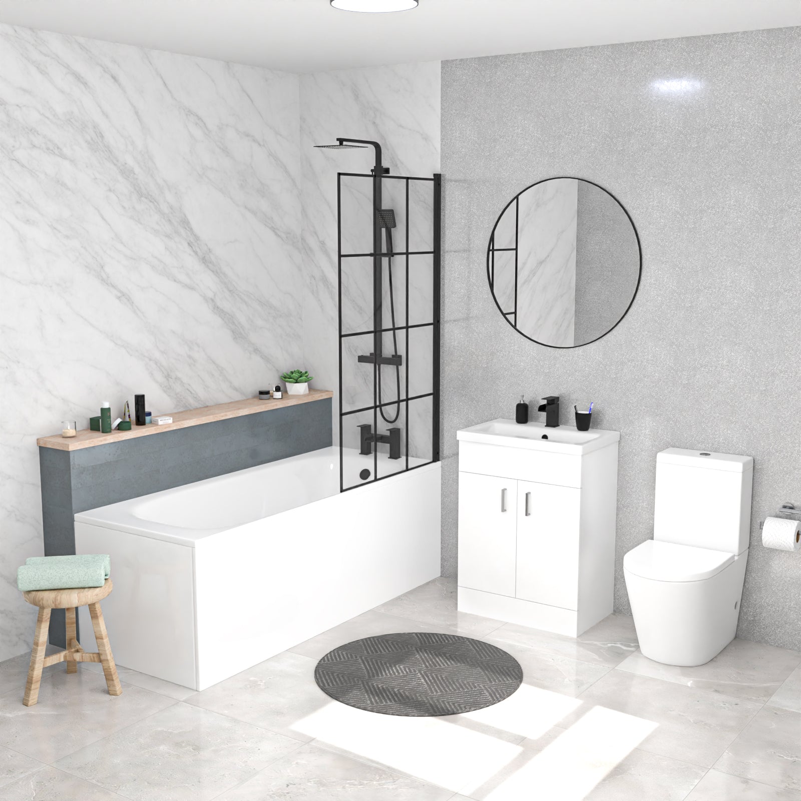 Round Toilet Vanity & Matt Black Shower Bath With Grid Bath Screen Set - Image 2