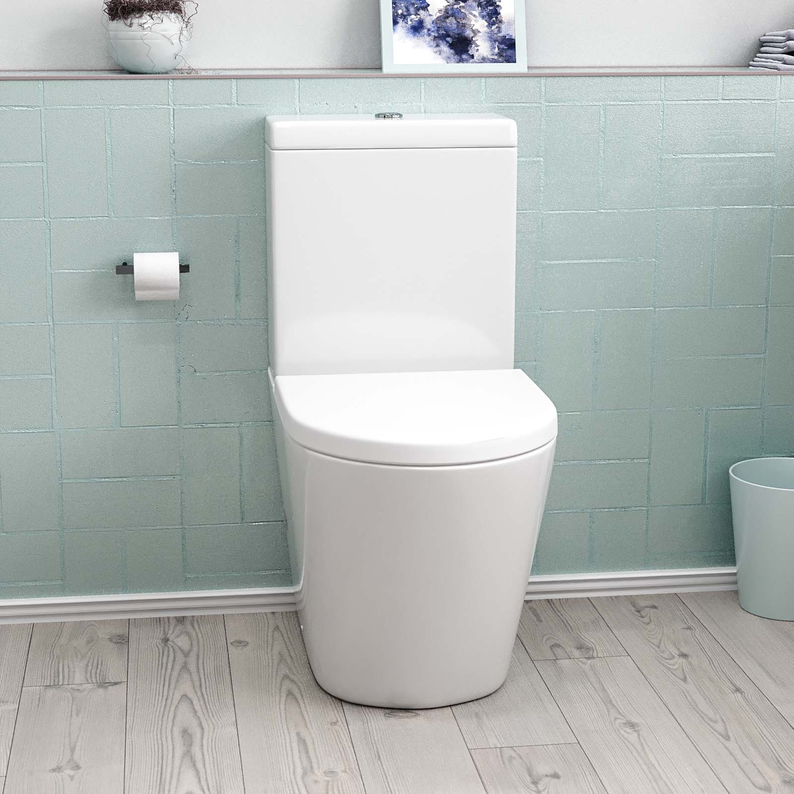 Modern Round Rimless Closed Coupled WC Toilet With Cistern And Soft Close Seat - Image 2