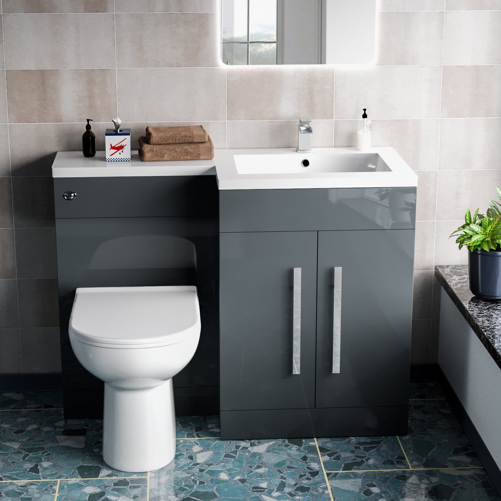 Aric 1100mm RH Freestanding Grey Vanity with BTW Toilet. WC & Basin - Image 2