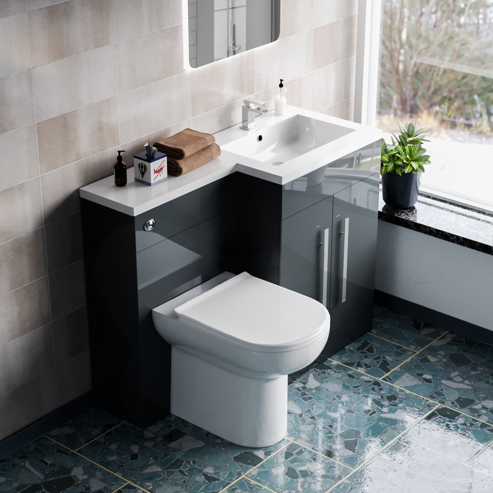 Aric 1100mm RH Freestanding Grey Vanity with BTW Toilet. WC & Basin - Image 5