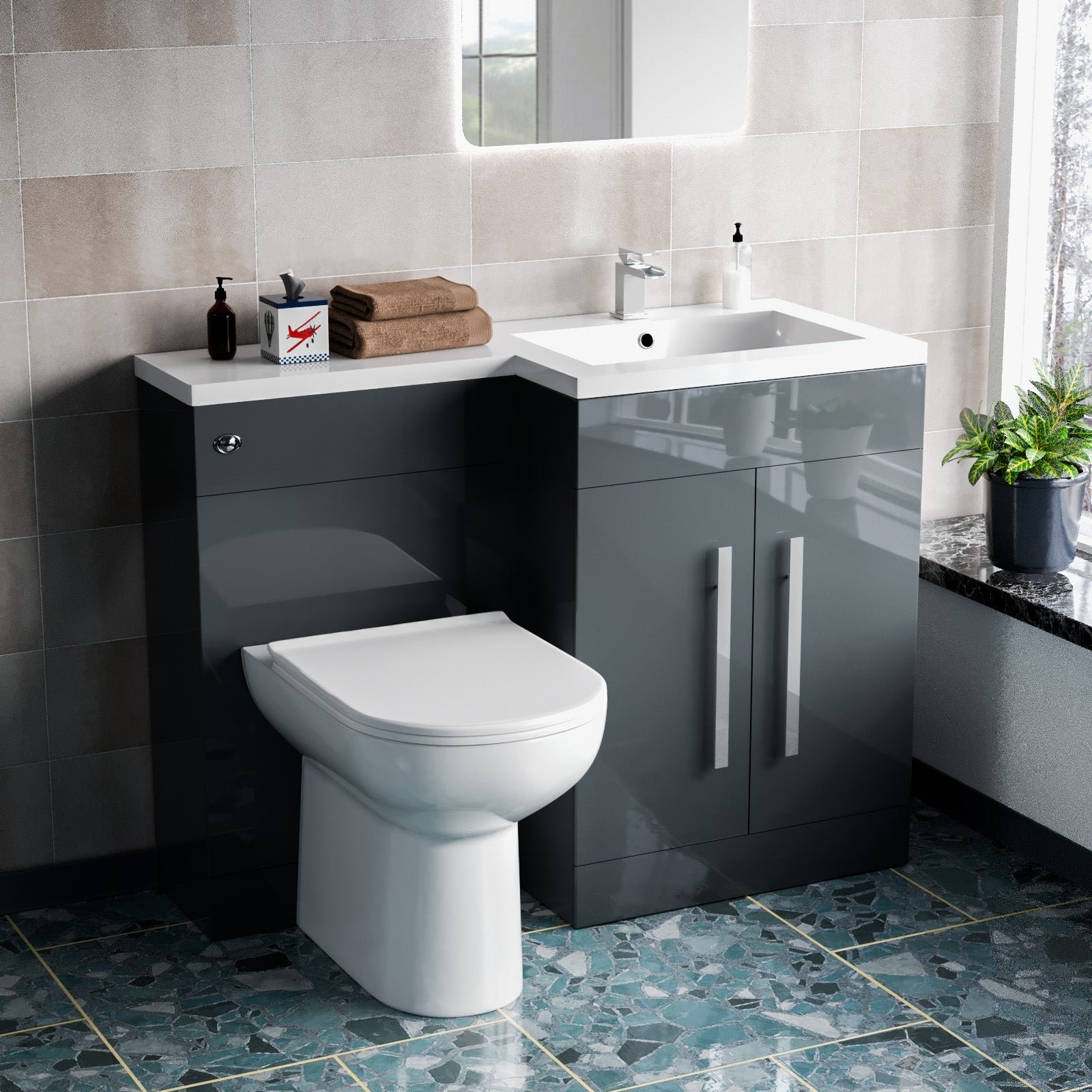 Aric 1100mm RH Freestanding Grey Vanity with BTW Toilet. WC & Basin