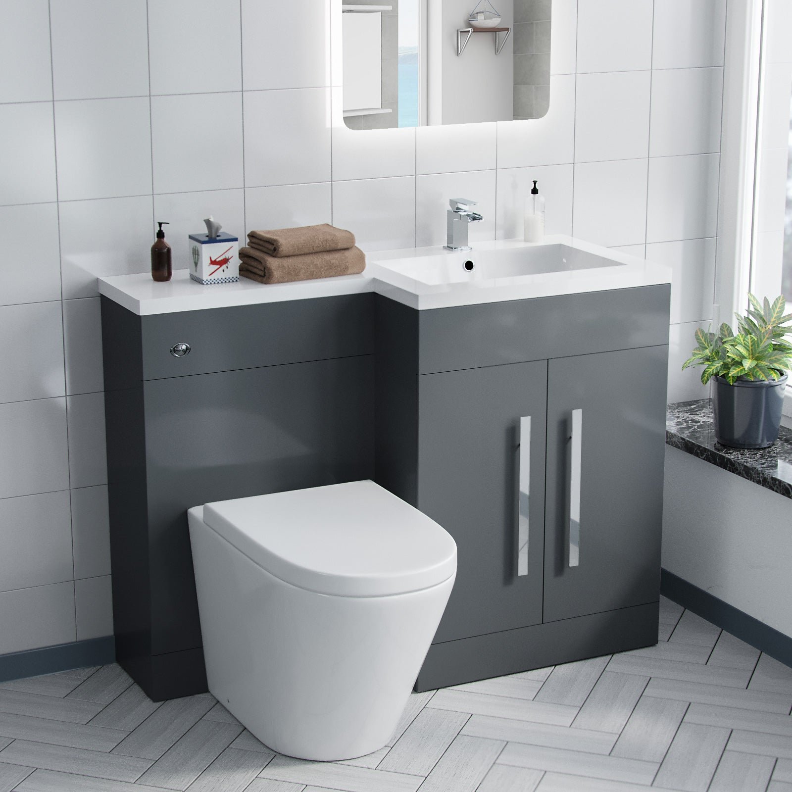 Aric 1100mm RH Freestanding Grey Vanity with BTW Rimless Toilet. WC & Basin