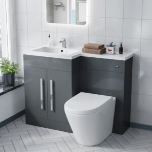 Aric 1100mm LH Freestanding Grey Vanity with BTW Rimless Toilet. WC & Basin