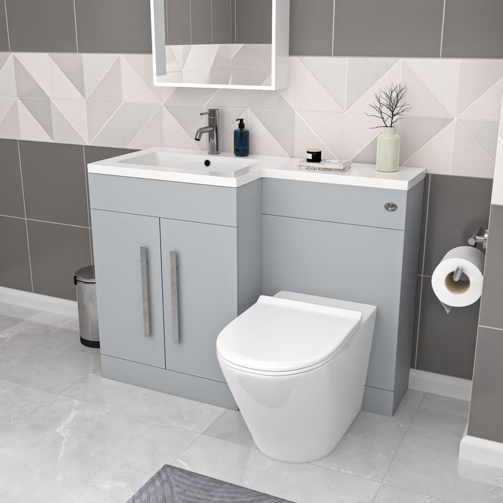 Aric Matte Grey 1100mm LH Basin Vanity Cabinet Flat Pack & BTW Curved Toilet - Image 5