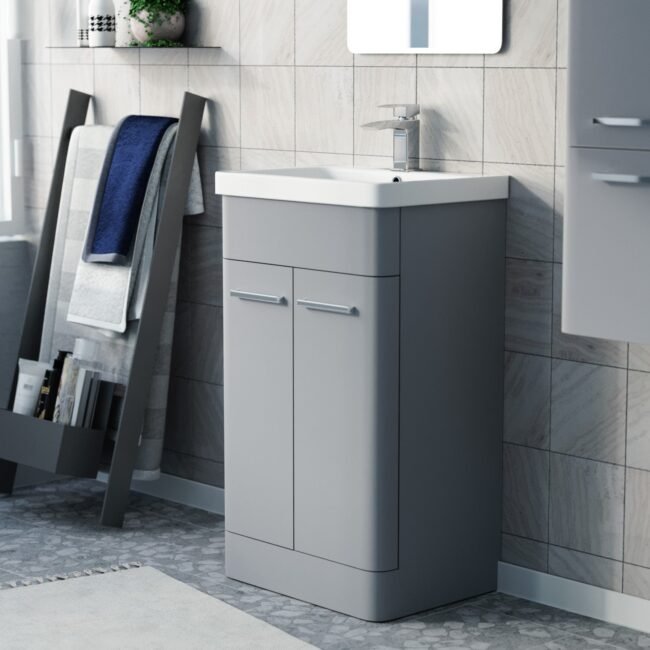 Afern Matte Grey 500mm Freestanding Vanity Unit Cabinet & Wash Basin - Image 3