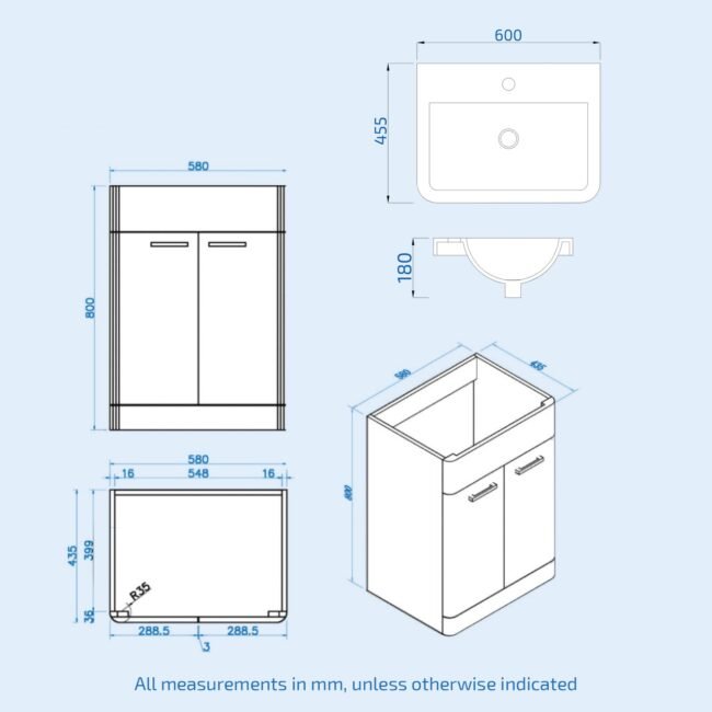 Afern 600mm Freestanding Vanity Unit Cabinet and Wash Basin Royal Blue - Image 8