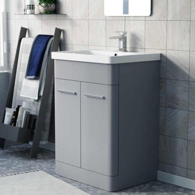 Afern 600mm Freestanding Vanity Unit Cabinet & Wash Basin Matte Grey Flat Pack - Image 3