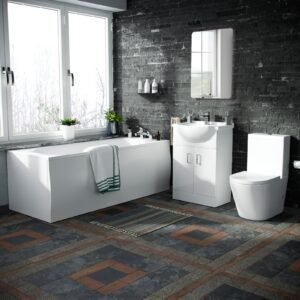 Ellen 550mm Basin Vanity Unit. Close Coupled WC Toilet with Straight Edge Bathroom Suite