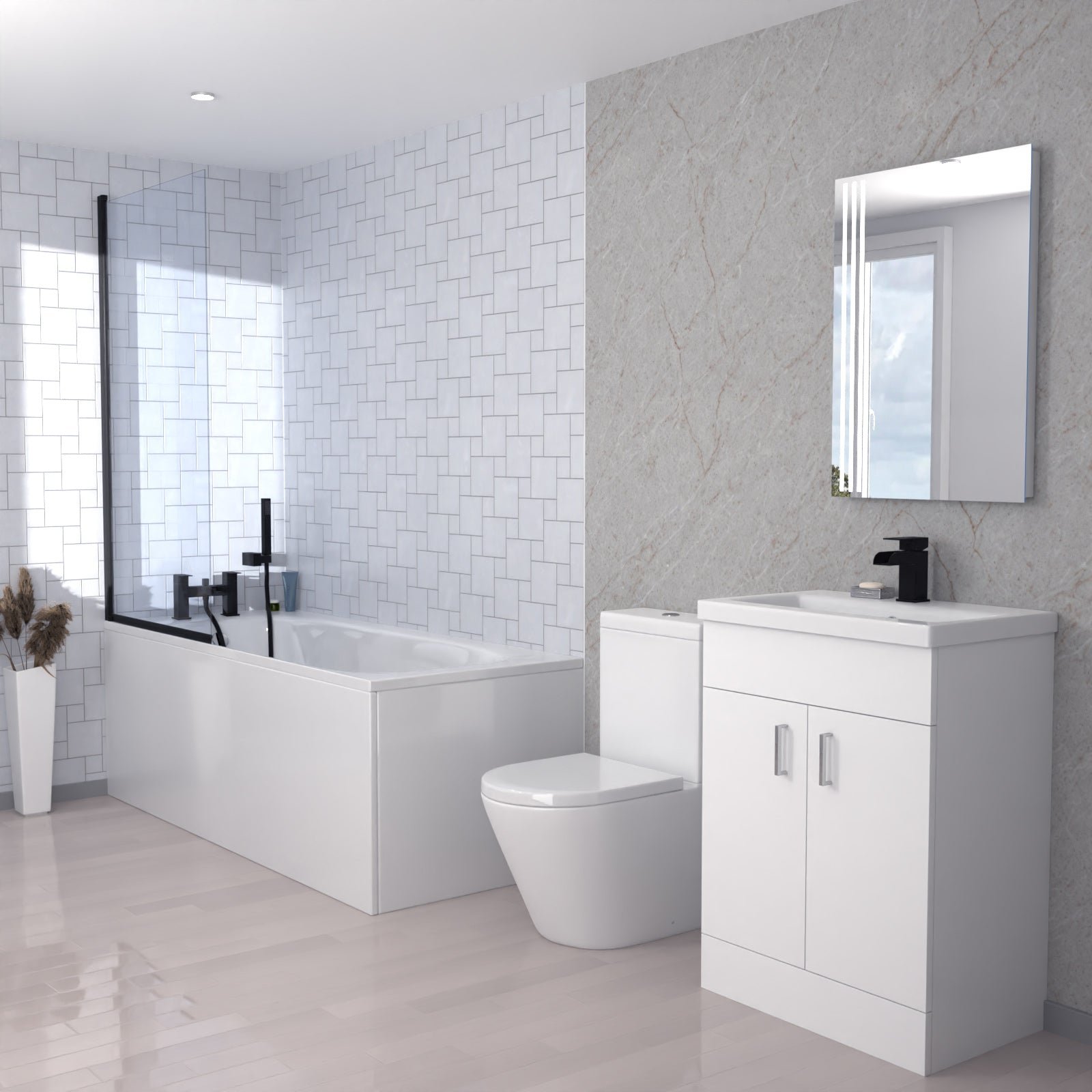 Nanuya Modern Bathroom Suite 600mm Basin Vanity Unit. Bath. Toilet and Shower Screen