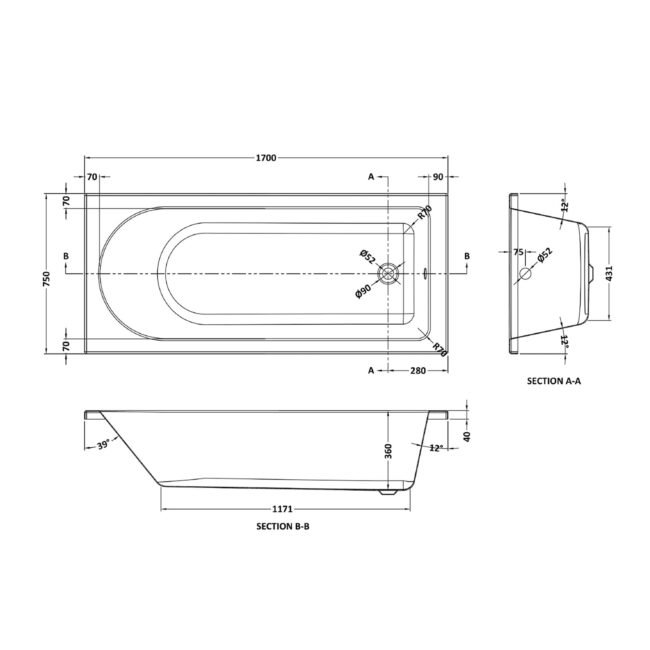 Barnby 1700 x 750mm Round Single Ended Bath & Leg Set with Front Panel White - Image 4