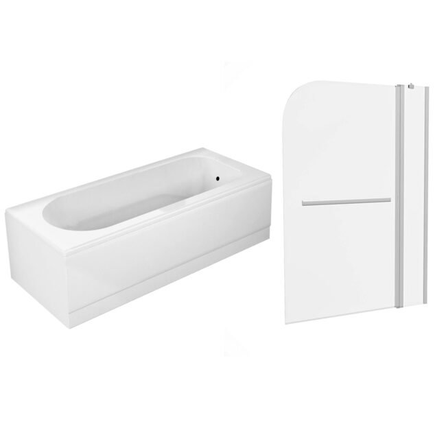 1700 x 700mm Round Bath. Curved Double Glass Bath Screen with Towel Bar