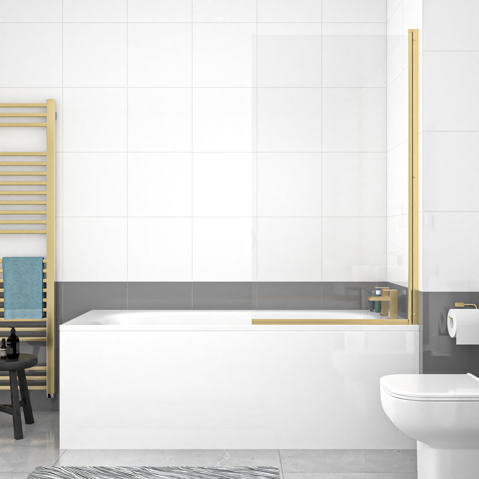 1700 x 700mm Round Bath with Legs and Brushed Brass Frame Square Bath Screen - Image 2
