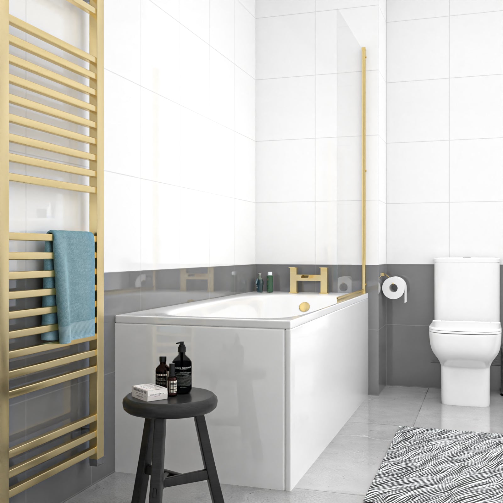 1700 x 700mm Round Bath with Legs and Brushed Brass Frame Square Bath Screen - Image 3