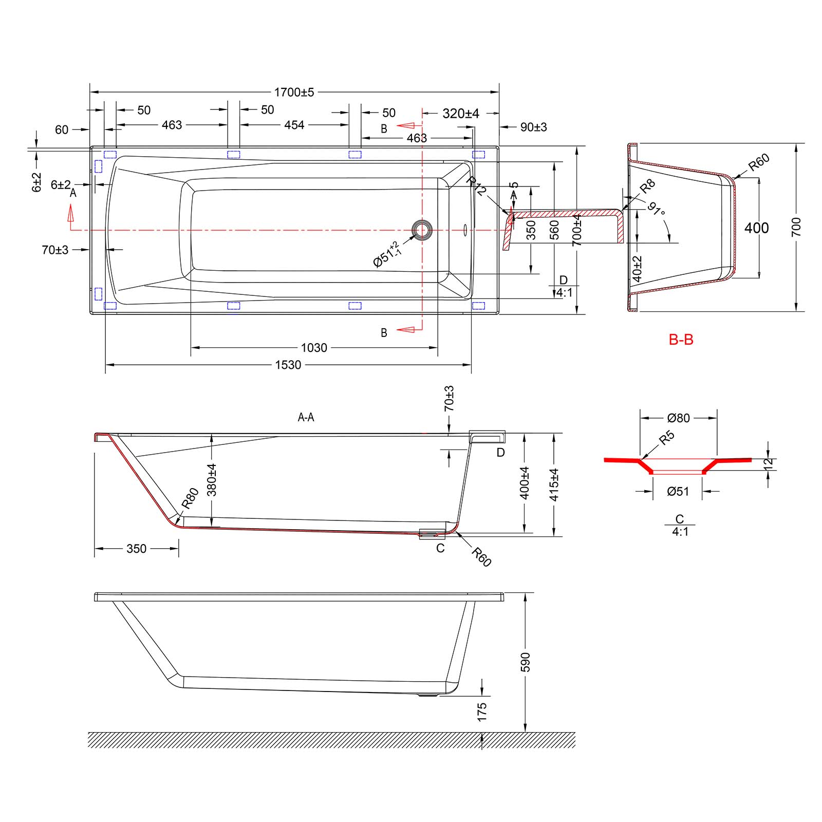1700 x 700mm White Square Bath with Legs and Curved Bath Screen - Image 2