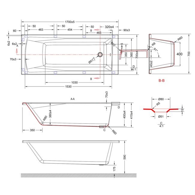 1700 x 700mm Square Bath with Legs and Brushed Brass Frame Curved Bath Screen - Image 7