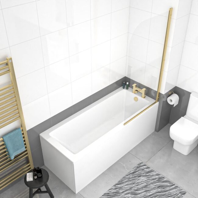 1700 x 700mm Square Bath with Legs and Brushed Brass Frame Curved Bath Screen - Image 4