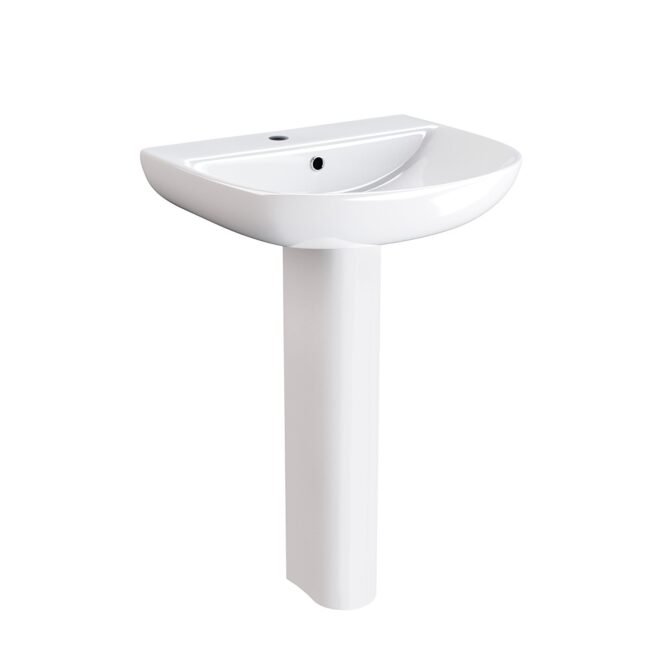 Theo Round Rimless Close Coupled Toilet & 570mm Full Pedestal Basin White - Image 8