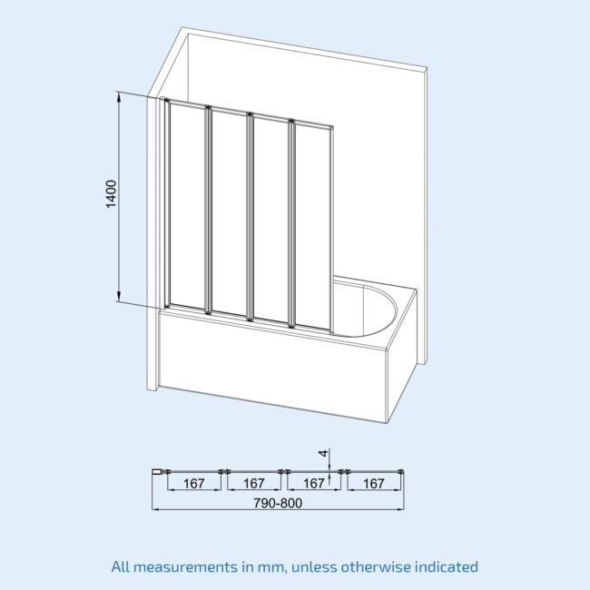 Parga 800 x 1400 mm 4 Fold Door Bath Shower Screen Black Frame - Image 10