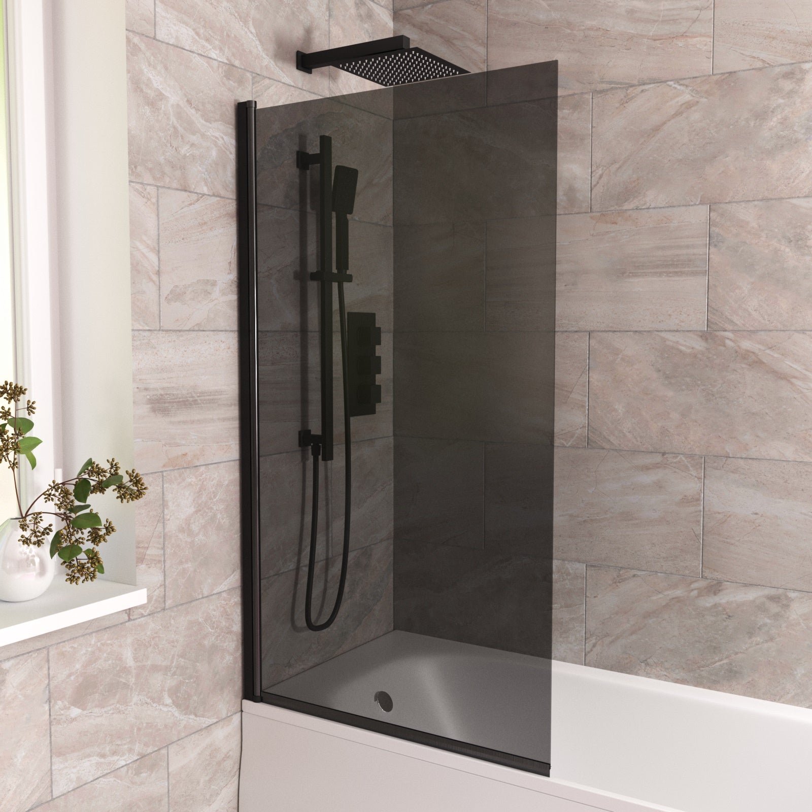 800mm Square Bath Screen Black Profile Tinted Black Glass Reversible