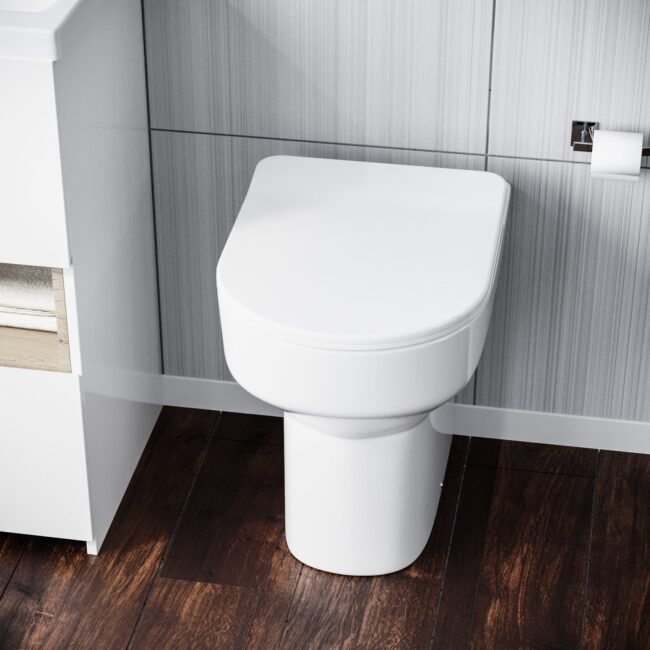 Modern White Comfort Height Back to Wall Toilet with Soft Close Seat - Image 5