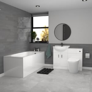 Ellen White Basin Vanity With WC Unit. Round BTW Toilet & 1700mm Bath Suite