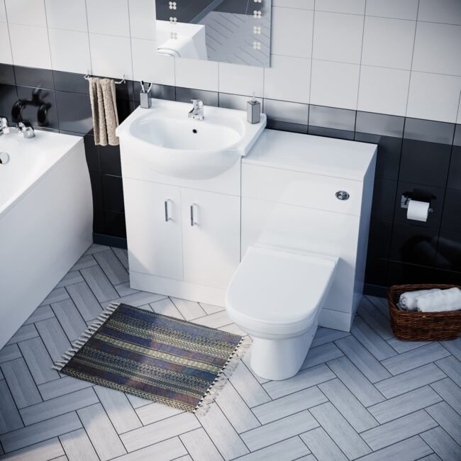 Ellen Suite. Bath. BTW Toilet. 550mm Basin Flat Pack Vanity Unit & WC Unit 3 Piece Bathroom Suite White - Image 4