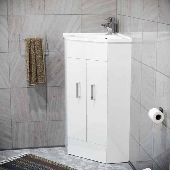 Nanuya White Modern Corner Vanity Unit with Ceramic Basin and Square Mixer Tap + Waste - Image 3