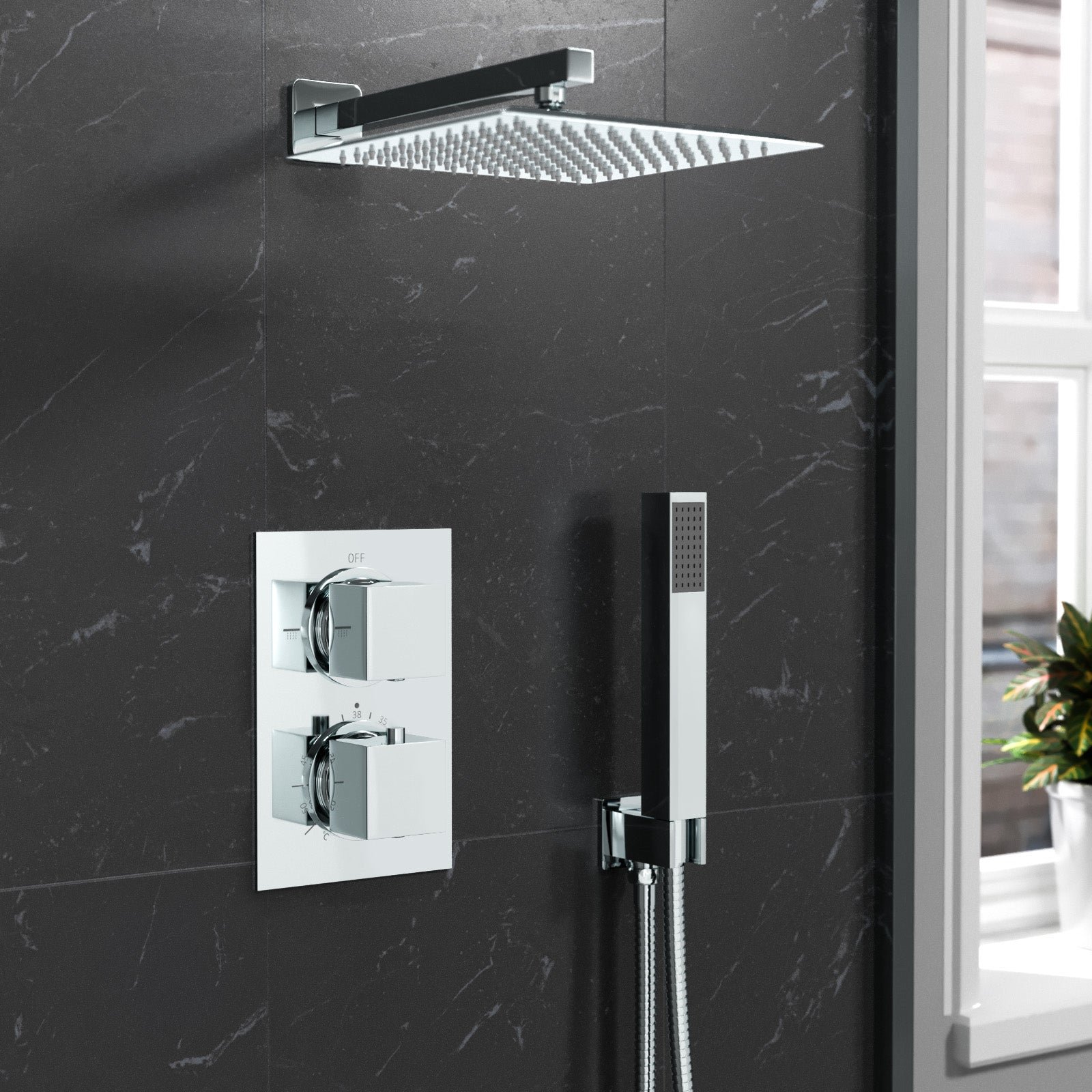 2 Dial 2 Way Square Concealed Thermostatic Shower Mixer.Head.Handset set Chrome