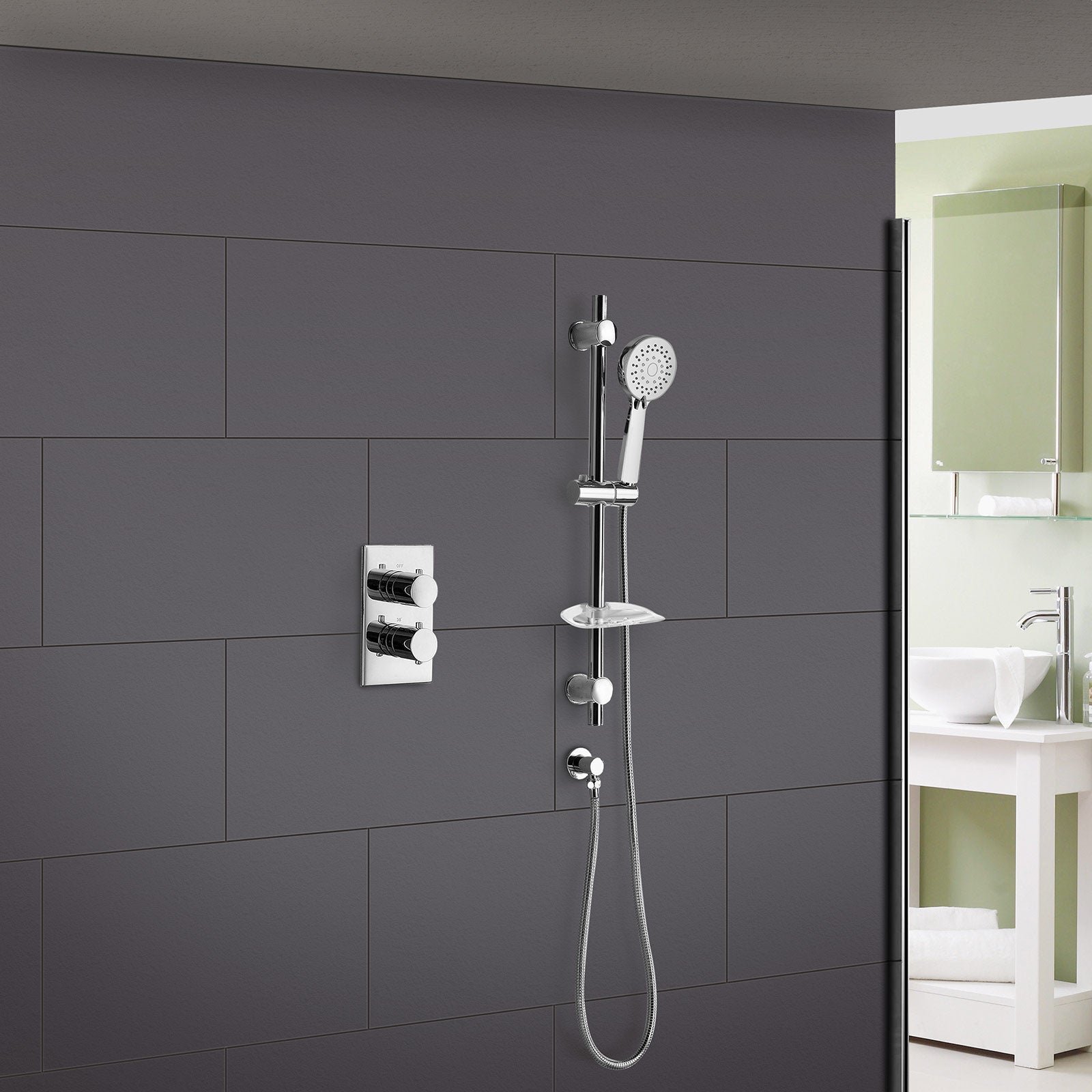 Lily 2 Dial 1 Way Round Concealed Thermostatic Mixer Valve. Slider Rail & 3 Mode Handset Chrome