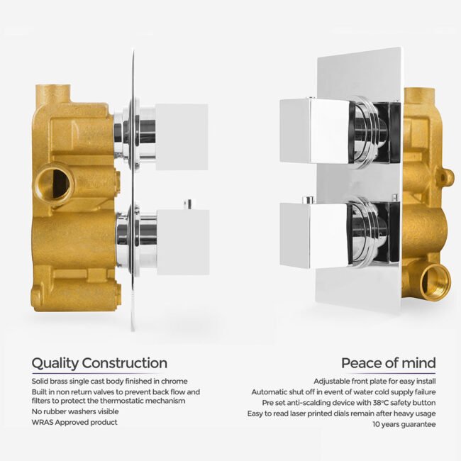 Square Thermostatic Concealed Mixer 2 Dial 1 Outlet + 300mm Shower Head + Arm | Neshome - Image 5