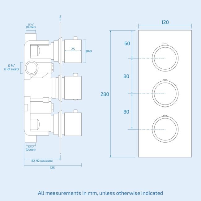 Flora 3 Dial 3 Way Concealed Thermostatic Shower Mixer Slim Twin Head Body Jets - Image 14
