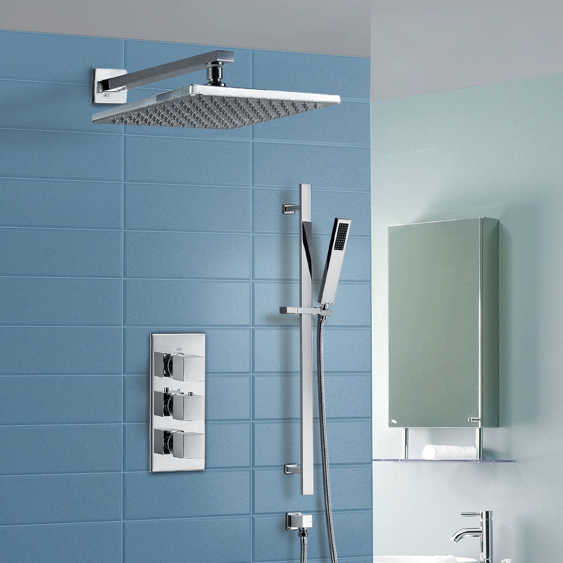 Lilly 3 Dial 2 Way Square Concealed Thermostatic Mixer Valve. Handset & Square Shower Head Chrome