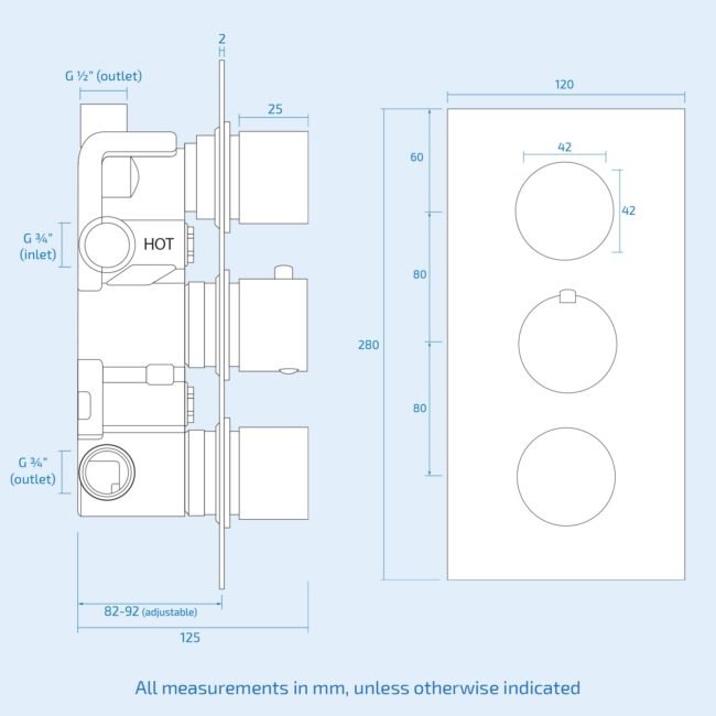 Flora Round 3 Way Concealed Thermostatic Shower Mixer Valve. Shower Head. Arm. Handset. Spout Set Chrome - Image 9
