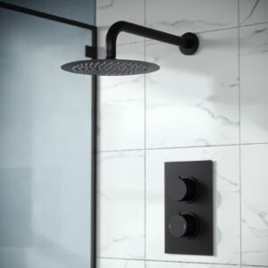 Porto Concealed Thermostatic Overhead 200mm Rainfall Shower Mixer Set Matte Black