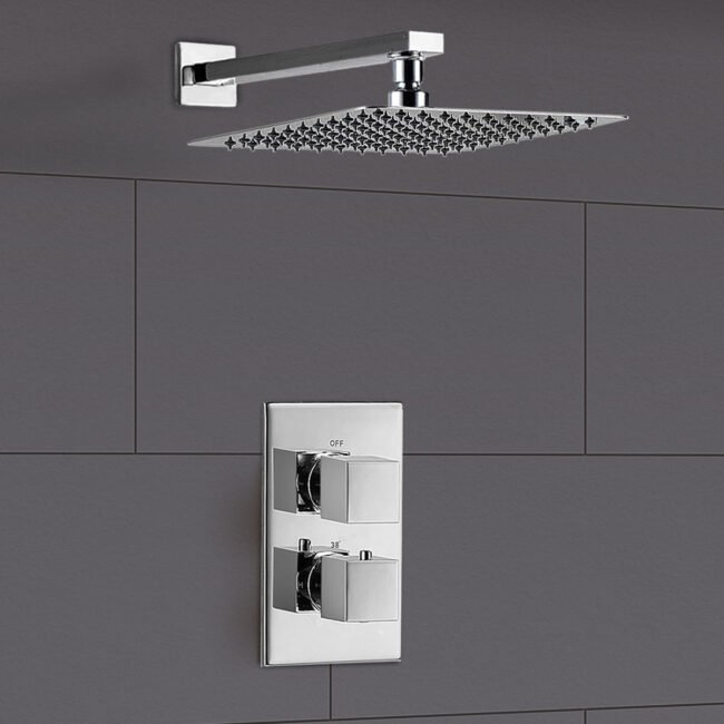 Square Thermostatic Concealed Mixer 2 Dial 1 Outlet + 300mm Shower Head + Arm | Neshome - Image 2