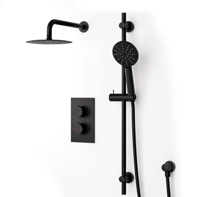 Violet 2 Dial 2 Way Thermostatic Mixer. 200mm Rainfall Shower Head. Slider Rail & Handset Matte Black - Image 11