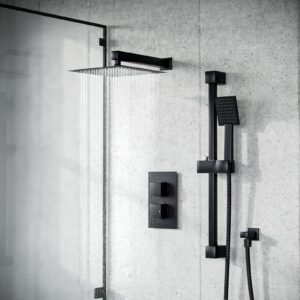 Temel Matt Black Rainfall Shower Head with Hand Held and Thermostatic Valve