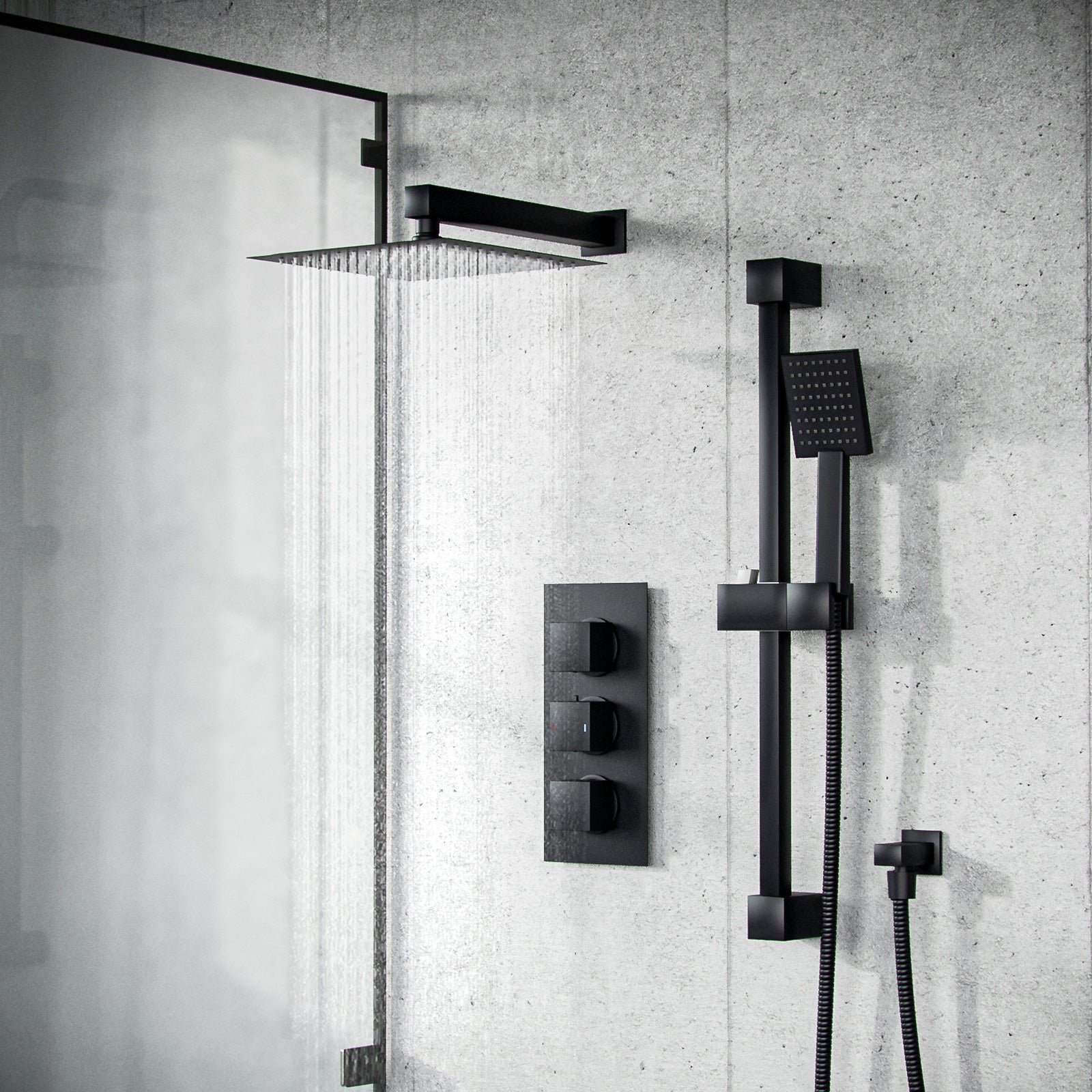 Temel Matt Black Rainfall Shower with Thermostatic Control and Hand Held Kit