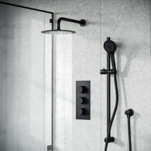 Temel Overhead Rainfall Shower Matt Black Thermostatic Mixer Valve and Handheld