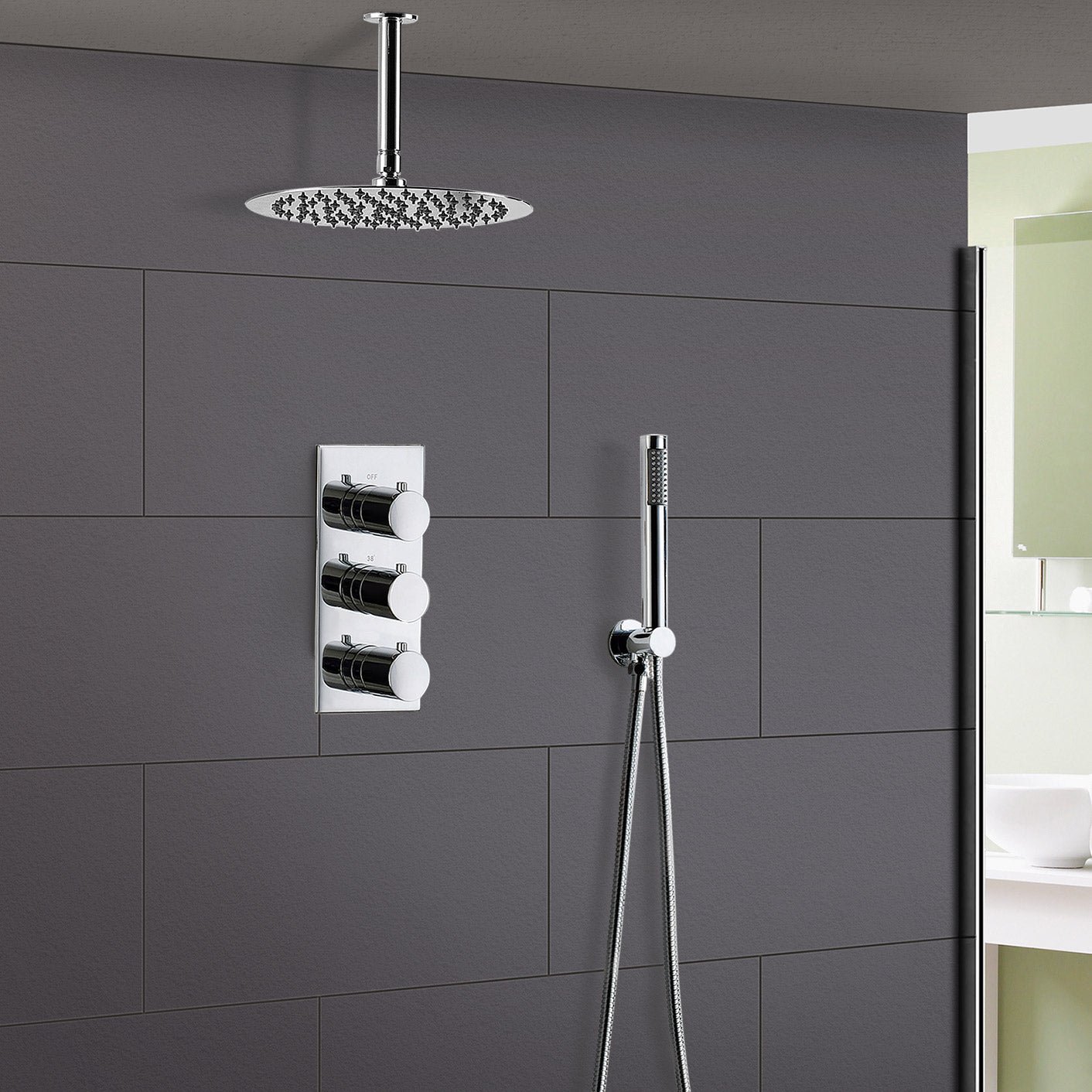 Lilly 2 Way Round Concealed Thermostatic Shower Mixer. Slim Shower Head & Handset