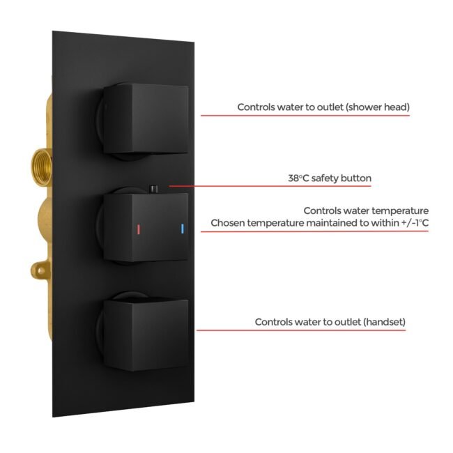 Temel Twin Head Matte Black Rainfall Shower Concealed Mixer Valve 3 Dial 2 Way - Image 6
